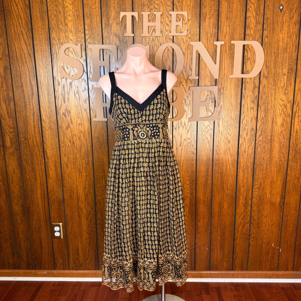 Signature by Robbie Bee Midi Dress Women 6 Black Gold Floral Silk Whimsigoth Y2K - Picture 3 of 7